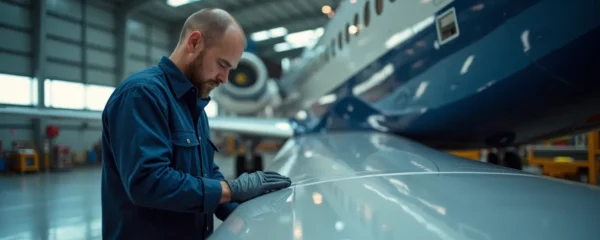 Vue rapprochée d'un mécanicien aéronautique inspectant minutieusement une aile d'avion dans un hangar moderne avec des équipements de haute technologie à l'arrière-plan