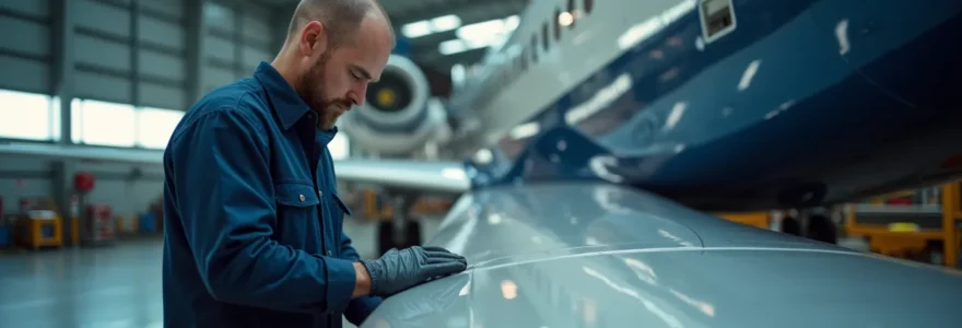Vue rapprochée d'un mécanicien aéronautique inspectant minutieusement une aile d'avion dans un hangar moderne avec des équipements de haute technologie à l'arrière-plan