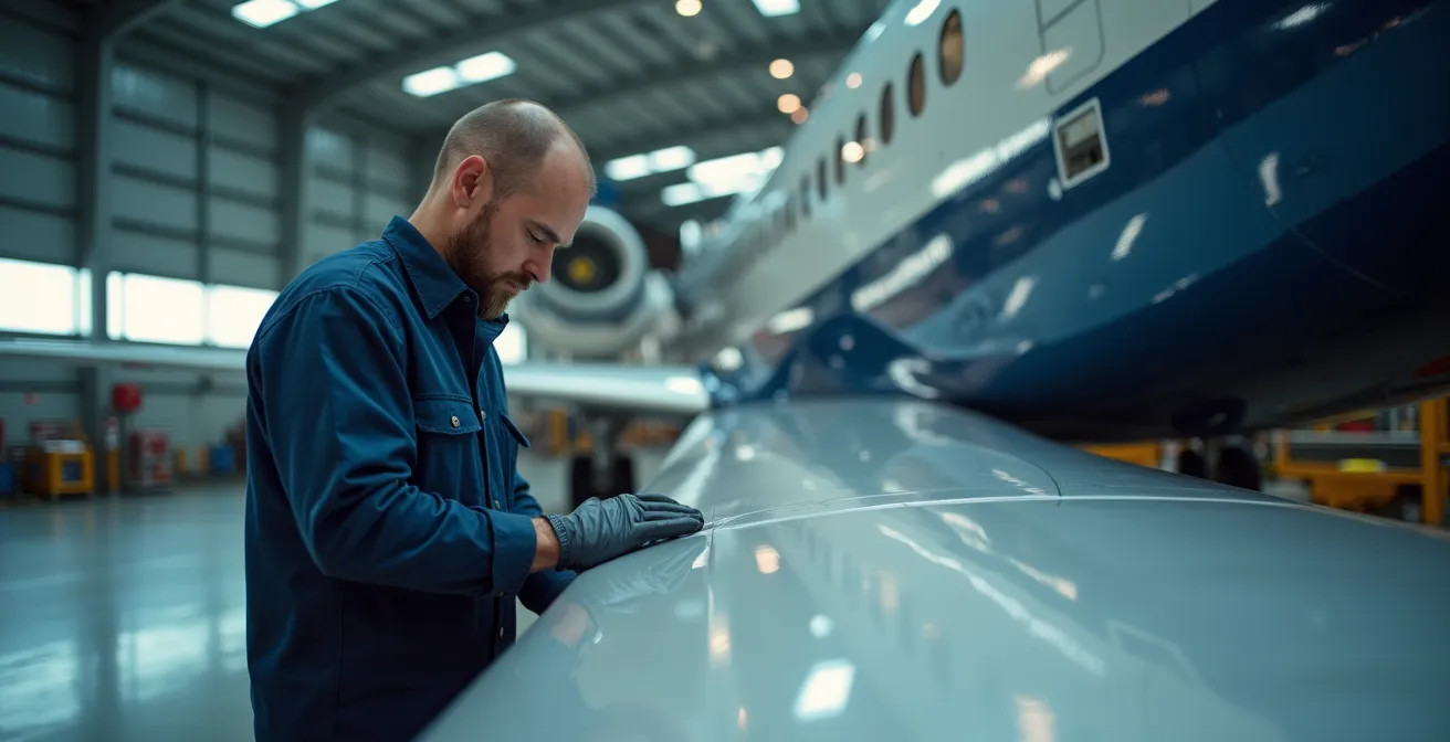 Vue rapprochée d'un mécanicien aéronautique inspectant minutieusement une aile d'avion dans un hangar moderne avec des équipements de haute technologie à l'arrière-plan