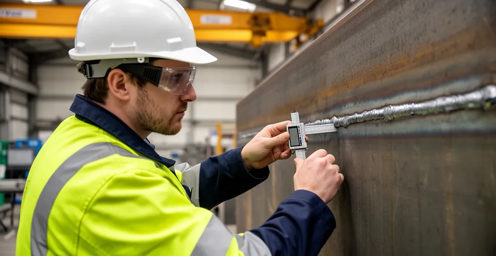 Technicien vérifiant une soudure sur structure métallique avec instrument de mesure
