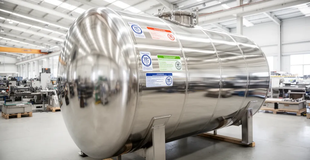 Cuve industrielle en inox prête à expédition dans zone propre d'atelier