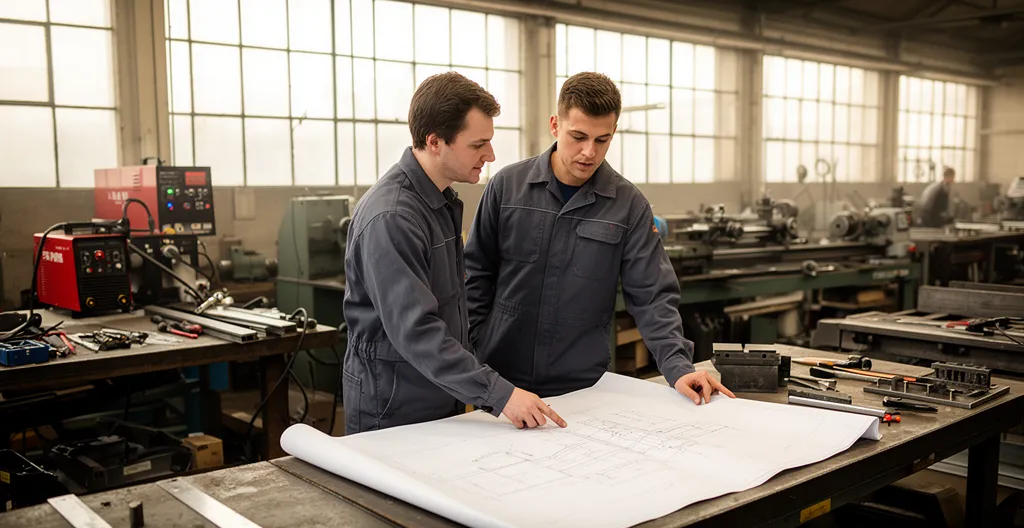 Deux professionnels consultant des plans techniques dans un atelier de métallerie