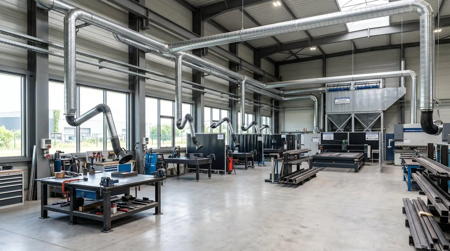 Vue d'ensemble d'un atelier de métallurgie moderne avec réseau de conduits métalliques et bras articulés d'extraction au-dessus des postes de travail, sans présence humaine au premier plan