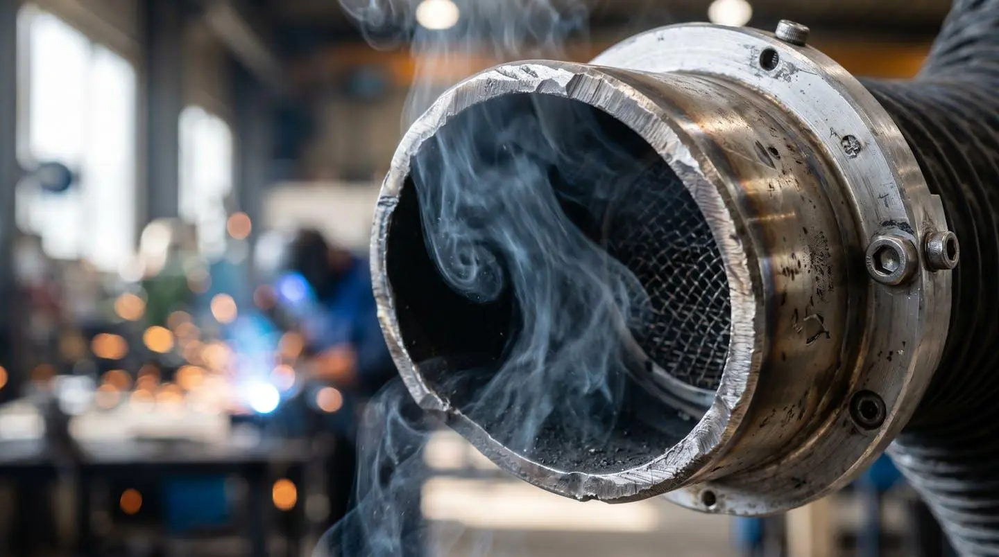 Vue en gros plan d'une buse métallique de captation aspirant des fumées de soudage en mouvement, avec arrière-plan flouté