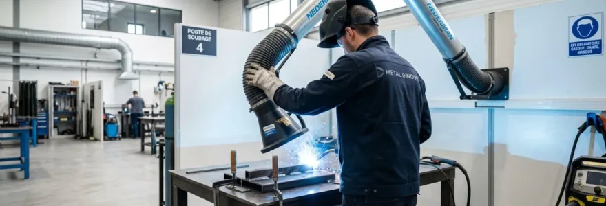 Un opérateur vu de dos ajuste la position d'un bras d'extraction au-dessus d'un poste de soudage dans un atelier moderne éclairé par une verrière