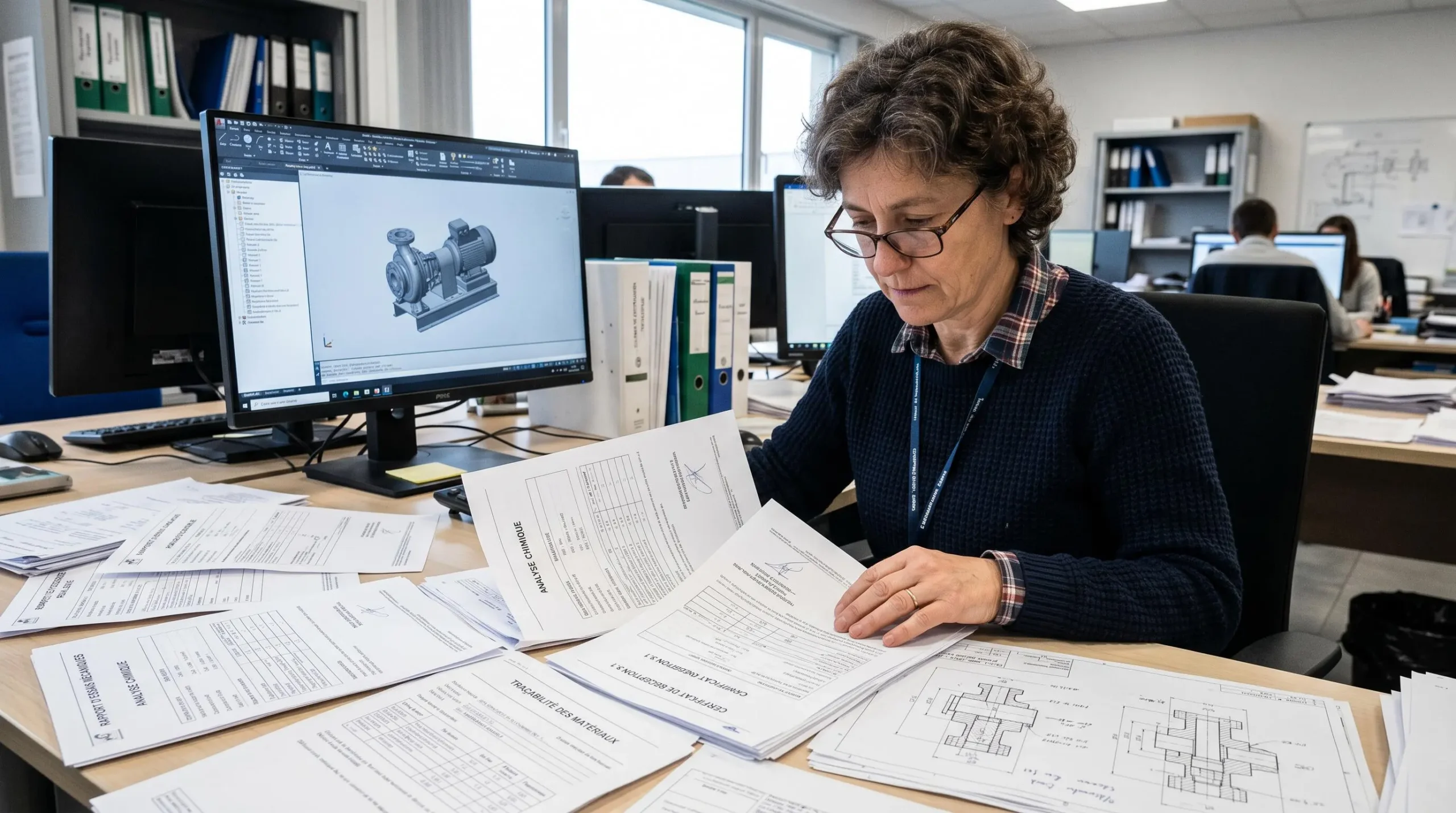 Ingénieur examinant des certificats de traçabilité matière et rapports d'essais pour joints industriels dans un bureau d'études, illustrant les exigences documentaires des secteurs régulés