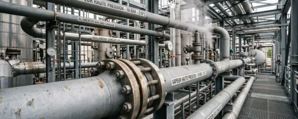 Installation de tuyauterie haute pression dans un site pétrochimique avec assemblages brides-joints-boulons visibles et vapeur d'eau, illustrant les équipements industriels nécessitant une étanchéité fiable