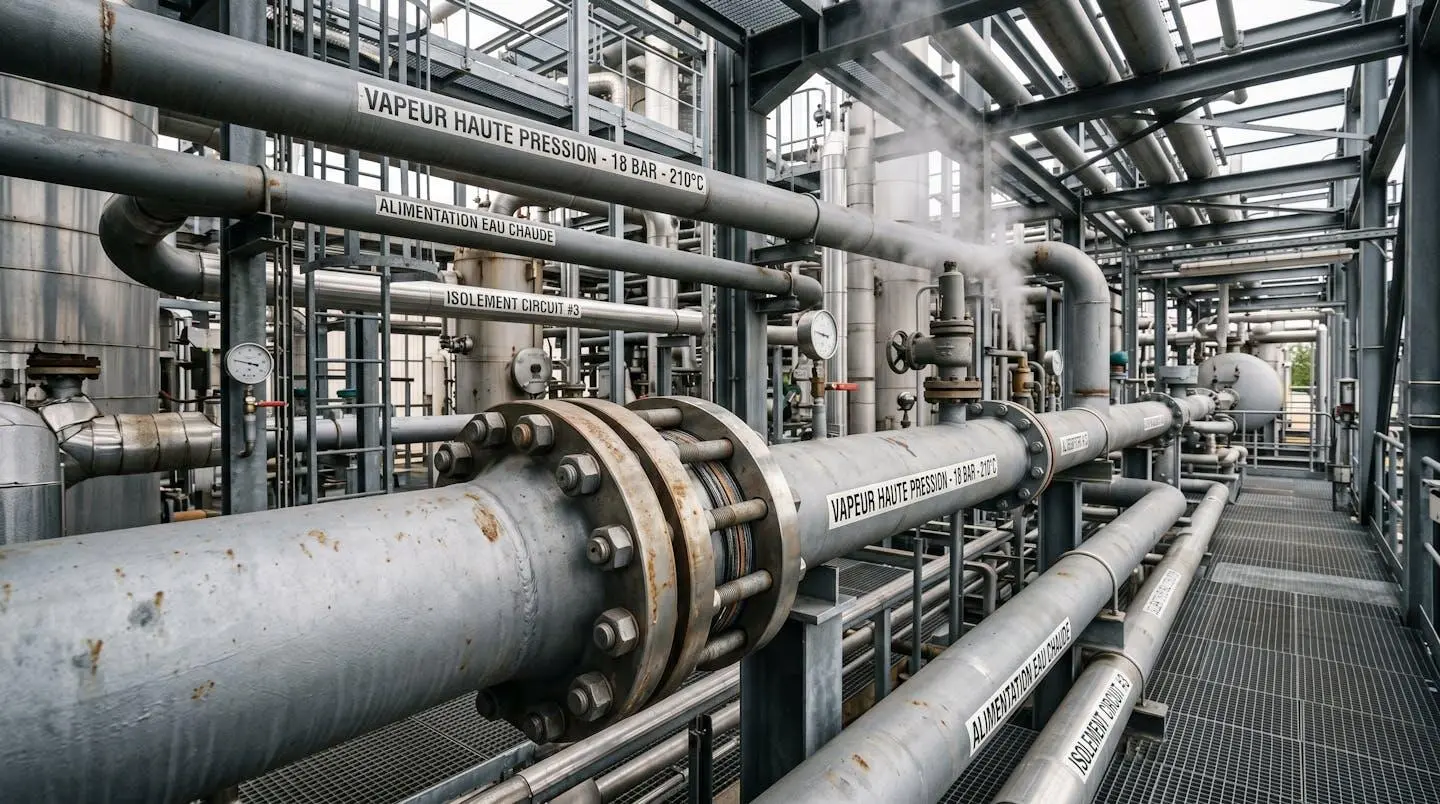 Installation de tuyauterie haute pression dans un site pétrochimique avec assemblages brides-joints-boulons visibles et vapeur d'eau, illustrant les équipements industriels nécessitant une étanchéité fiable