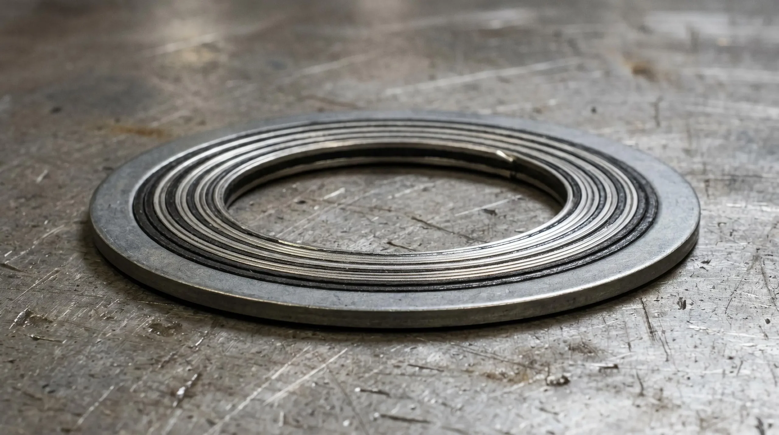 Joint spiralé métallique Flexitallic en gros plan montrant les spires d'acier inoxydable et le remplissage graphite noir caractéristique de cette technologie d'étanchéité haute performance