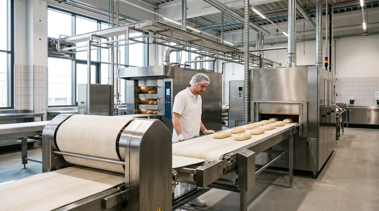 Ligne de production de boulangerie industrielle équipée de tapis de transport en feutre technique résistant aux hautes températures