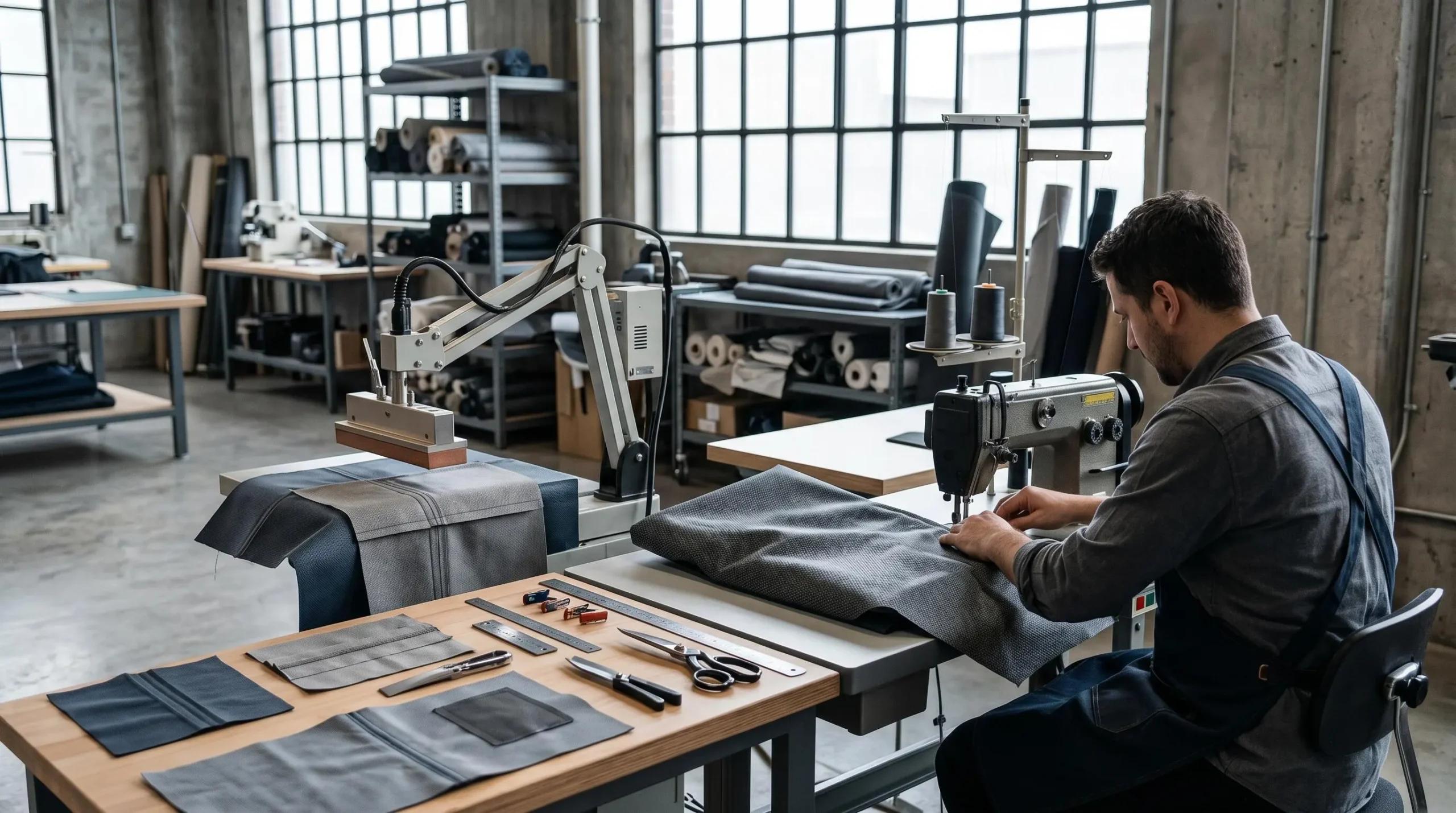 Poste de travail industriel montrant les équipements d'assemblage textile : machine à coudre, soudure haute fréquence et échantillons de matières assemblées