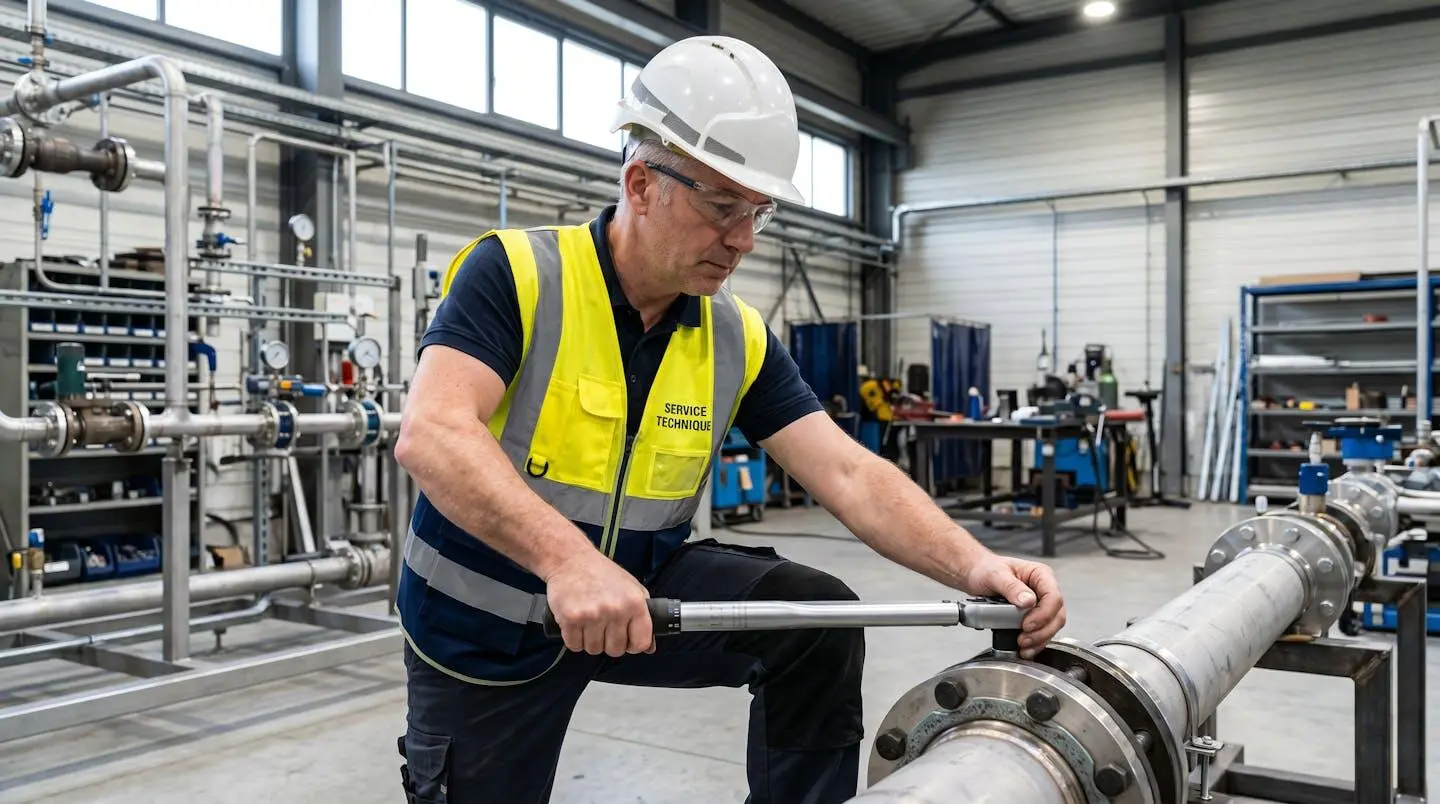 Technicien en tenue de sécurité effectuant le serrage contrôlé d'un assemblage bride-joint avec clé dynamométrique sur un site industriel, illustrant l'importance des pratiques de montage conformes