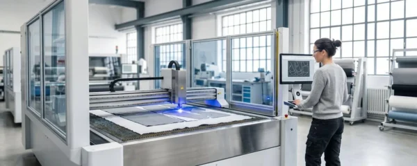 Technicien surveillant une machine de découpe laser découpant avec précision des tissus techniques dans un atelier industriel moderne et lumineux