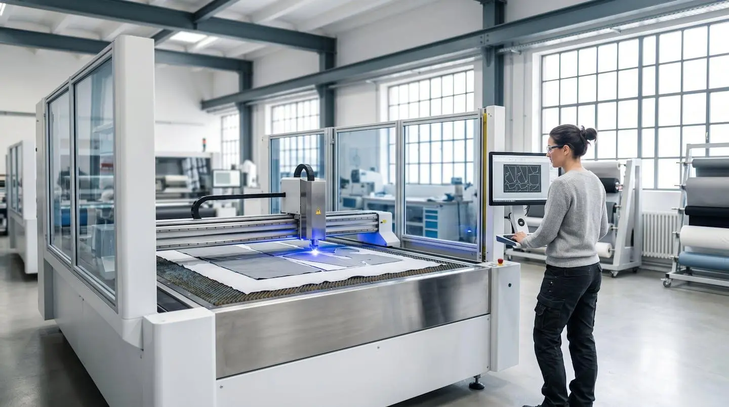 Technicien surveillant une machine de découpe laser découpant avec précision des tissus techniques dans un atelier industriel moderne et lumineux
