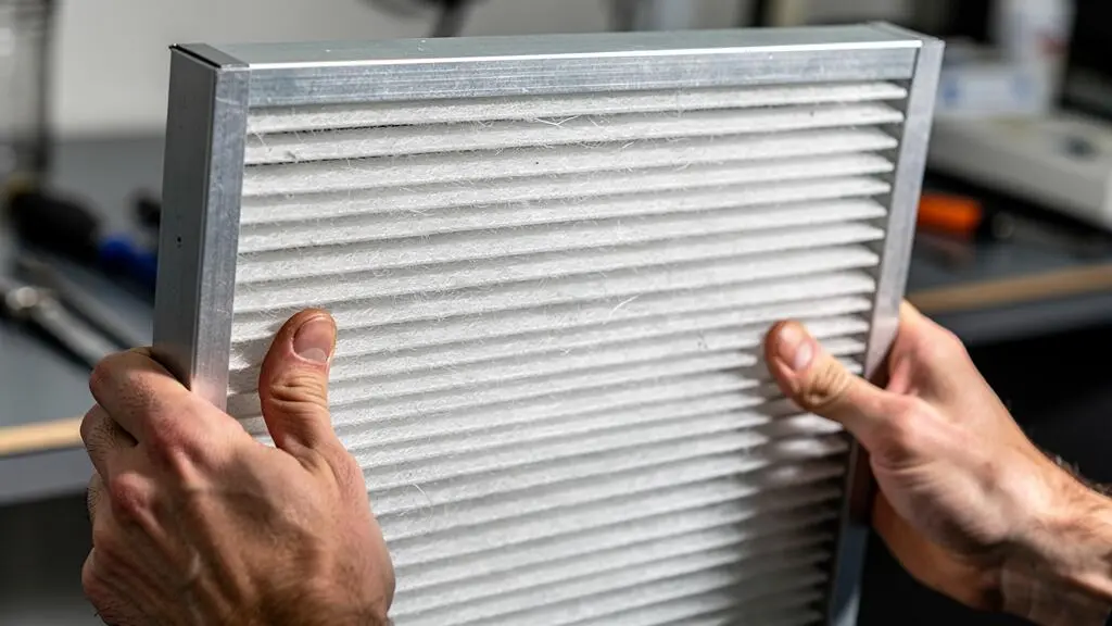 Gros plan sur les mains d'un technicien manipulant un filtre HEPA industriel plissé