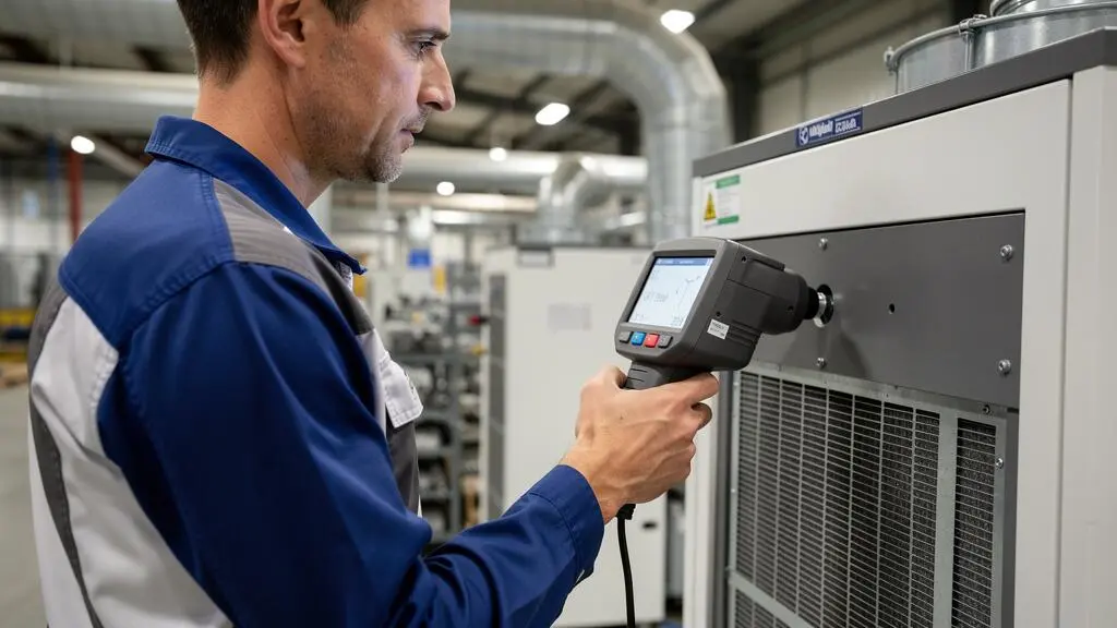 Technicien utilisant un appareil de mesure de qualité d'air pour contrôler la performance d'un système de filtration industrielle