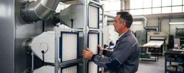 Technicien inspectant un système de filtration d'air industriel dans un atelier de production français