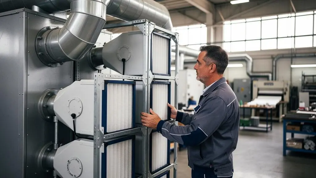 Technicien inspectant un système de filtration d'air industriel dans un atelier de production français